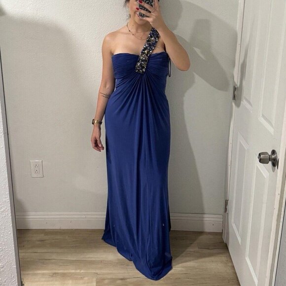 Women’s MIGNON blue Dress Formal Gems Asymmetrical Size 6 Long Maxi‎ - Picture 3 of 12